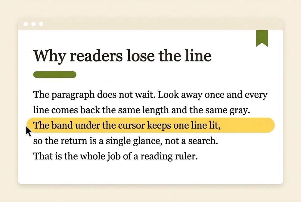 A webpage in a light browser window: a serif article titled ‘Why readers lose the line’, with one translucent Sunbeam-yellow band highlighting the single line under the cursor.