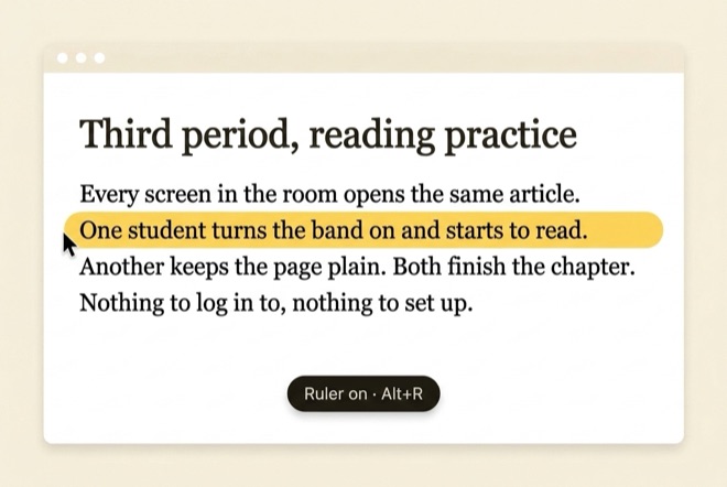 A classroom reading page in a browser window: the Sunbeam band lit on one line, and a dark on-page toast reading ‘Ruler on · Alt+R’.